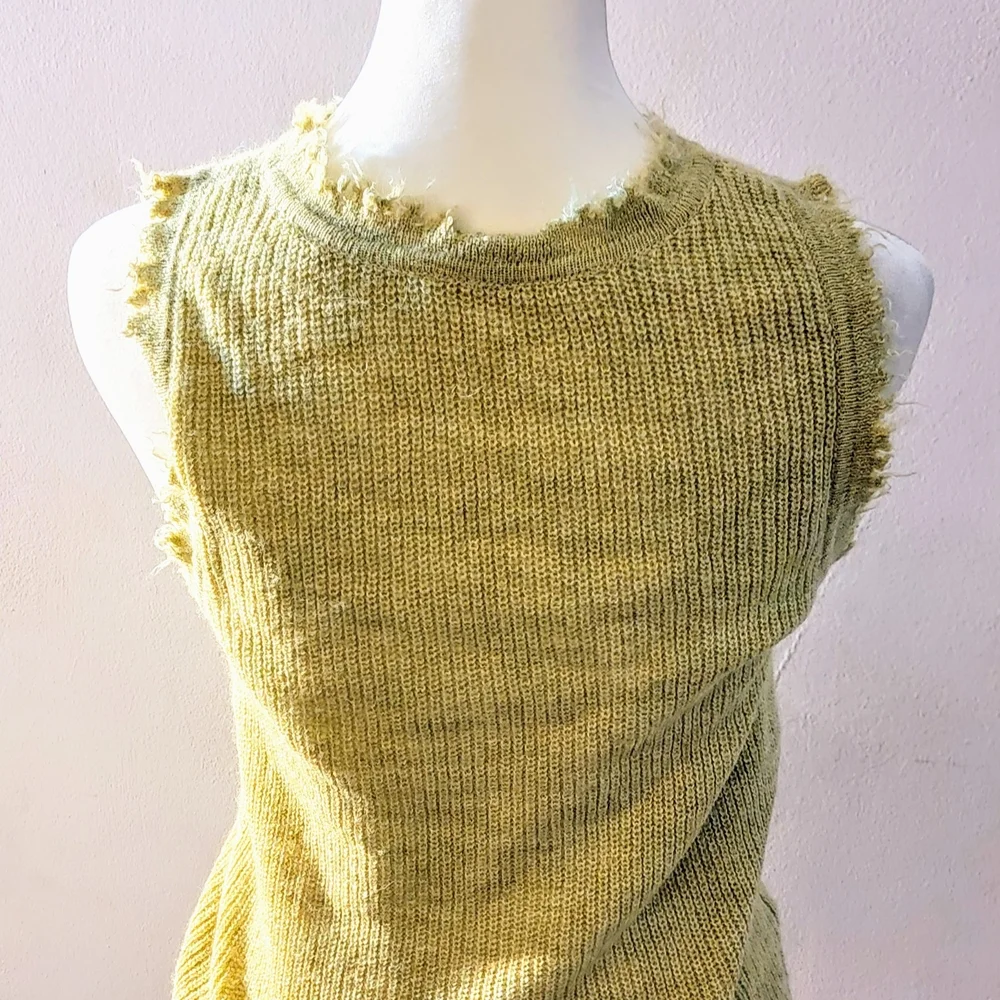 Distressed, Frayed Edge Puppy Sigh Greenish- Yellow Tank Top - Picture 6 of 9